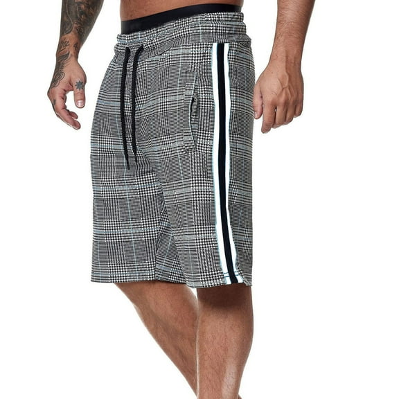 COSFO Plaid Shorts Men Drawstring Elastic Waist Blue Board Casual Shorts Beach Loose Shorts