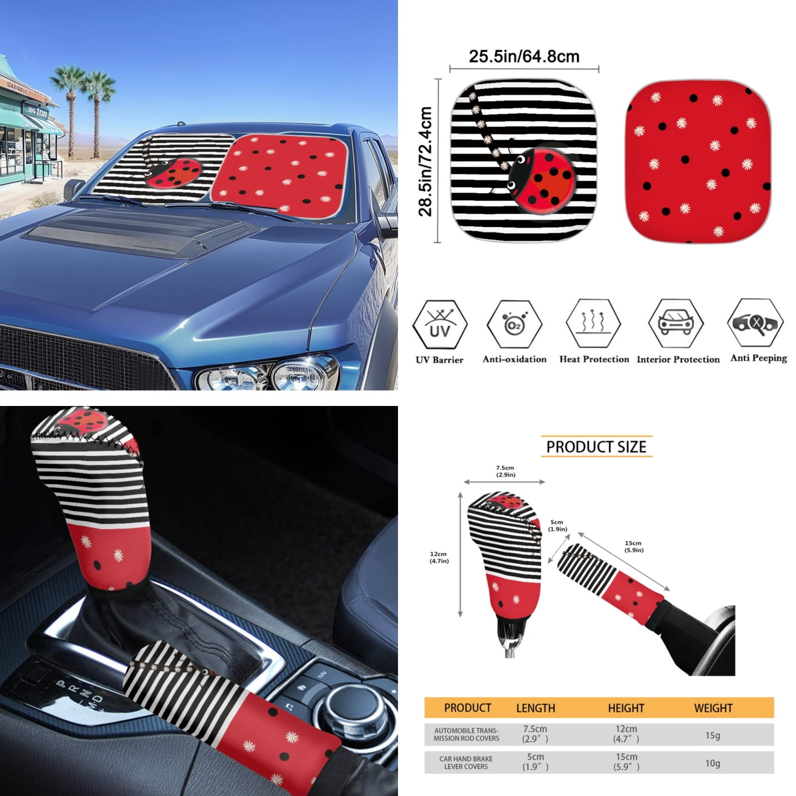 Yuyamidu Ladybug Car Seat Covers Set of 16 Cute Steering Wheel Cover Seat Belt Covers Handbrake Gear Shift Knob Cover Rear View Mirror Cover Cup Mat Keychain Sunshade for Car SUV Truck