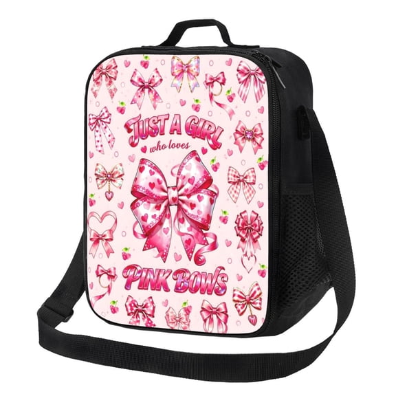 Cute Pink Bows Lunch Bag Insulated Thermal Lunch Box with Shoulder Strap & Handle for Women and Men