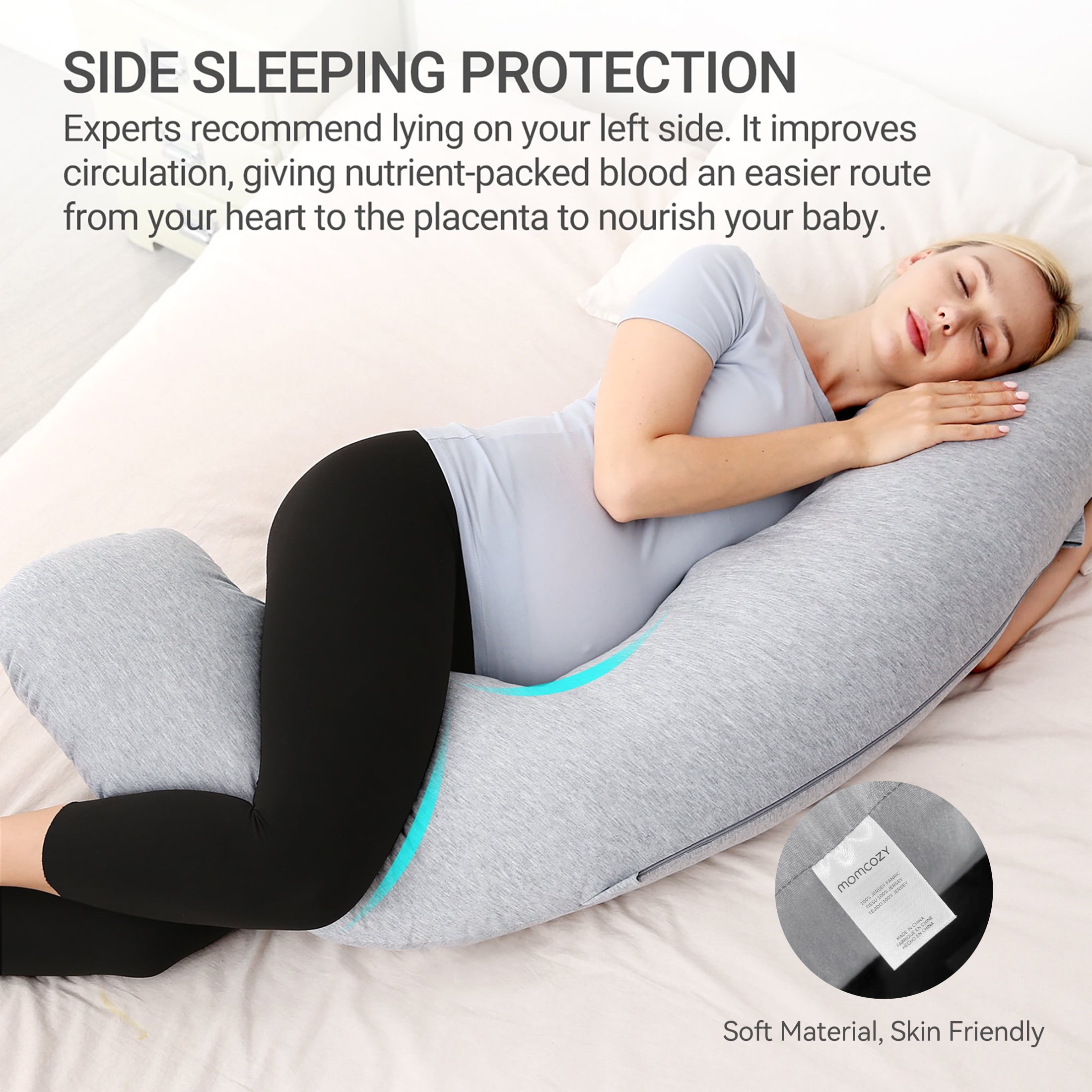 Momcozy J Shaped Pregnancy Pillows for Side Sleeping, Maternity Body Pillows for Pregnancy with Jersey Cover, Gray