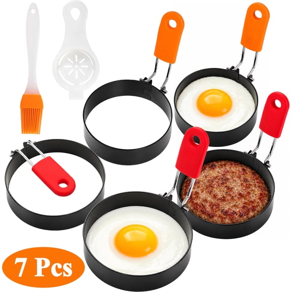 Aovky Egg Rings for Frying Eggs Set of 5, 3.5"/3” Stainless Steel Round Egg Cooker Ring for English Muffin with Silicone Handle, Egg Circle Mold Shaper for Cooking Pancake, Breakfast Sandwich