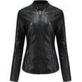 thumbnail image 5 of Chaqueta casual de piel sintética con cuello alto y capucha desmontable para mujer, talla grande, abrigo corto para motociclista, 5 of 5