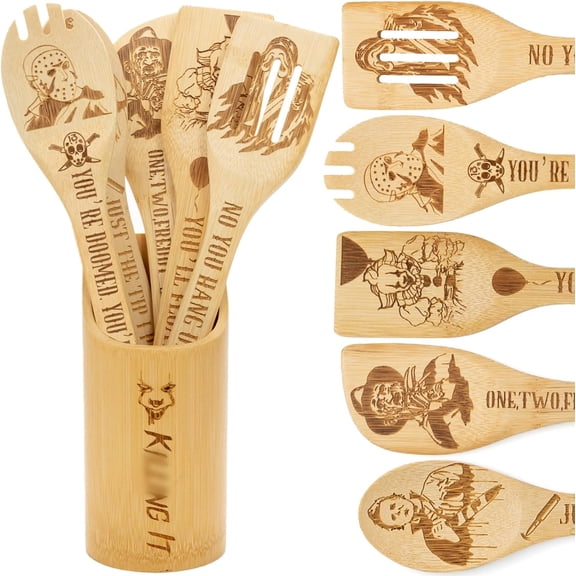 6Pcs Horror Movie Character Cooking Gift Set Wooden Spoons Utensils with Matching Holder - Halloween Movie Merchandise Laser Engraved Bamboo Spoons Set for Halloween Film Gifts, Horror Decor for