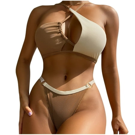 Arnsht Womens High Waisted Bikini Sets Halter Two Piece Swimsuits Cut Out Color Block Summer Soft Comfortable Breathable Beach Swimwear Coffee L