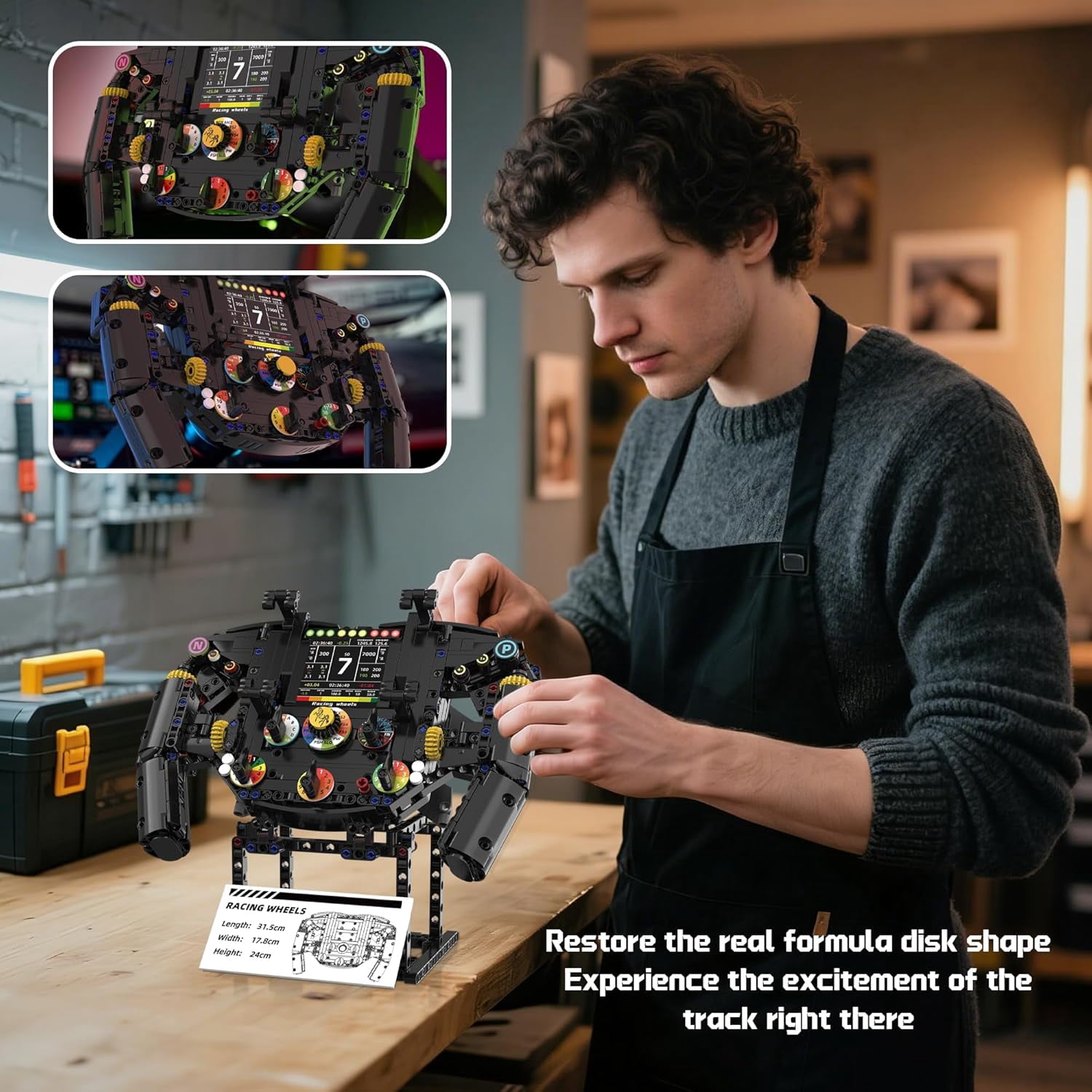 Racing Simulator Steering Wheel Building Set for F1, Mechanical Formula Sim Cars Driving ,Collectible Model Kit with Moving Parts & Phone Holder