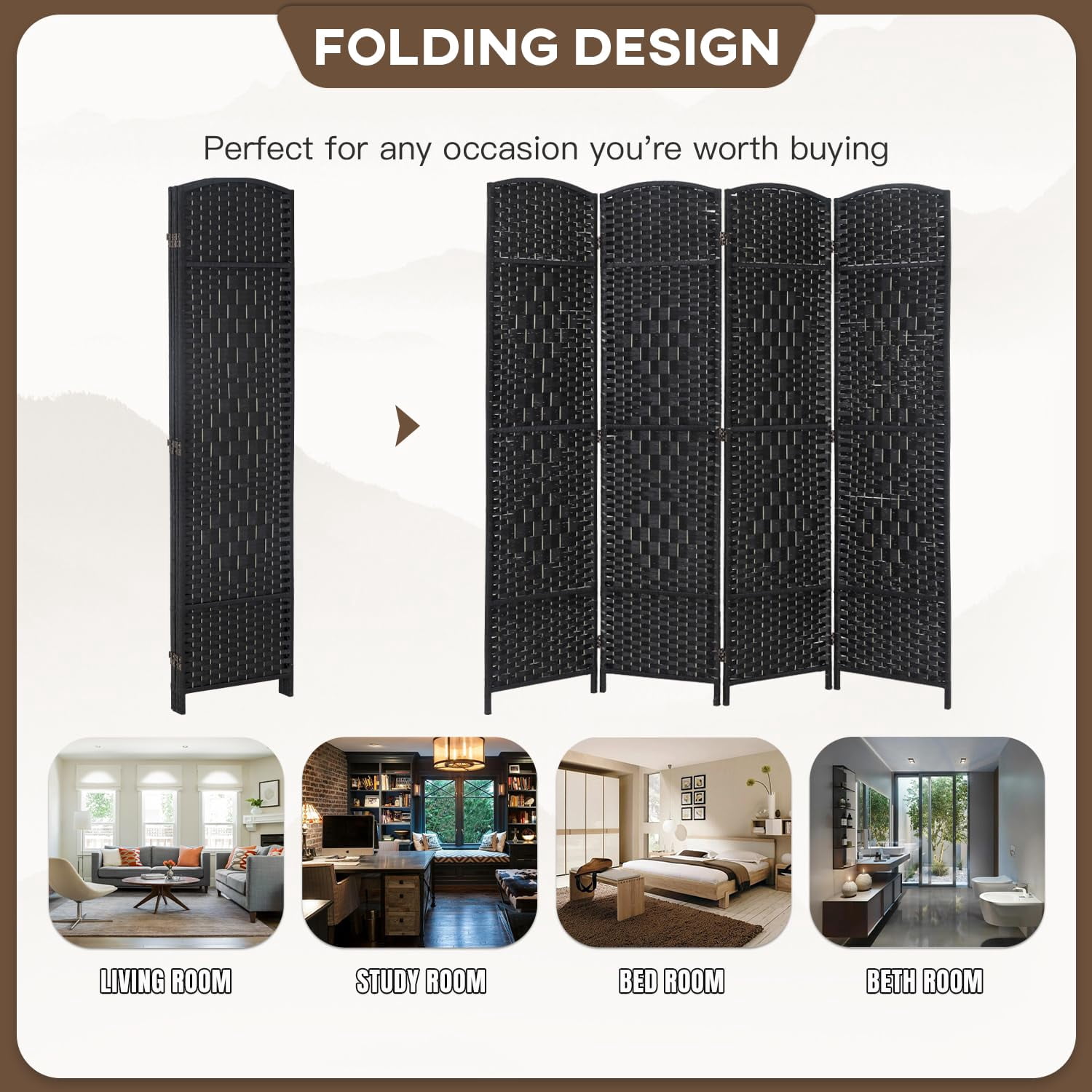 NiamVelo 4 Panel Room Dividers Folding Privacy Divider 6Ft Indoor Wall Divider Portable Partition Wood Screen, Black