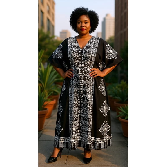 Black and White Plus Size Caftans for Women Tunic Long Maxi Kimono Beach Kaftan Dresses for Women Nightdress by Goood Times