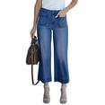 thumbnail image 3 of Wide Leg Jeans for Women High Waisted Stretchy Denim Crop Pants Fold Hem Cropped Baggy Jeans with Pockets Dark Blue XXL, 3 of 8