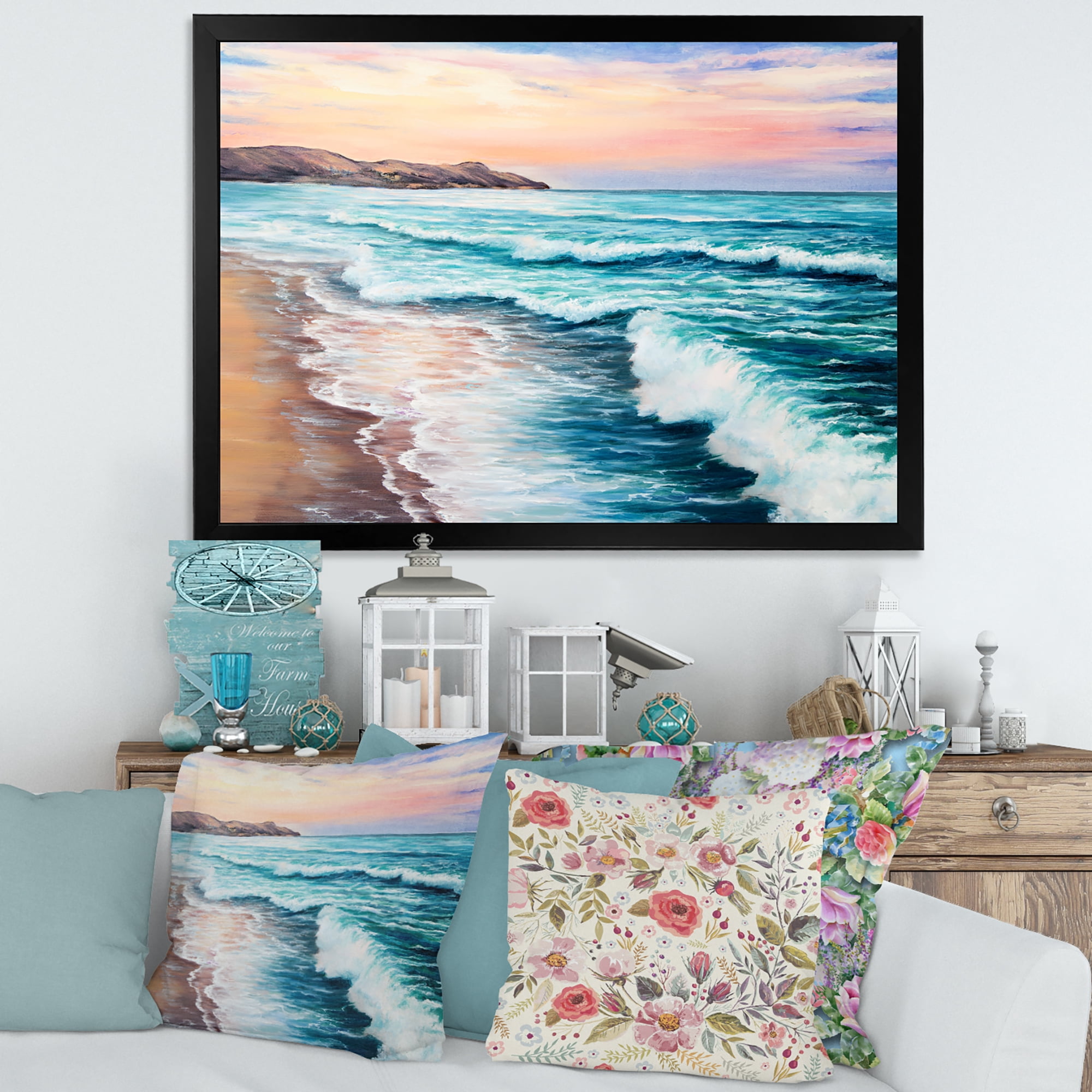 Designart 'Sunrise Glow On The Ocean Waves III' Nautical & Coastal Framed Art Print