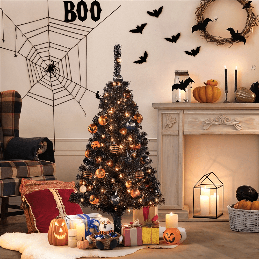 Alden Design 4Ft Pre Lit Fir Artificial Christmas Tree with Foldable Stand, Black