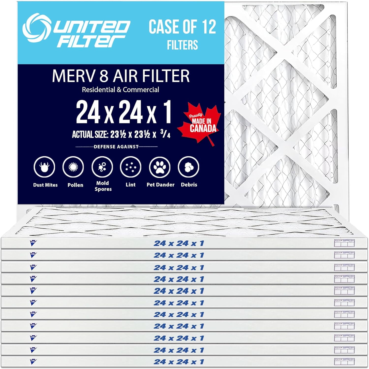 24x24x1 Pleated MERV 8 Furnace Filter, Case of 12 – (Actual Size