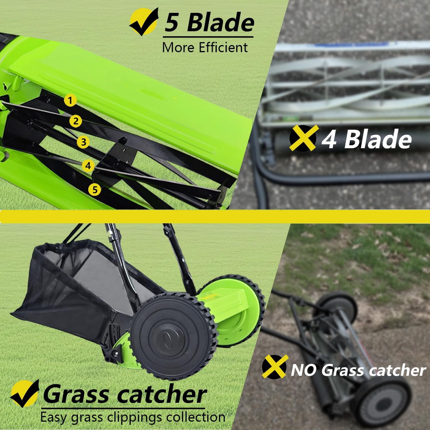 Elleree 14 inch 5-Blade Manual Push Reel Lawn Mower with Grass Catcher & Adjustable Cutting Height for Courtyards Yard & Garden Grass Cutting