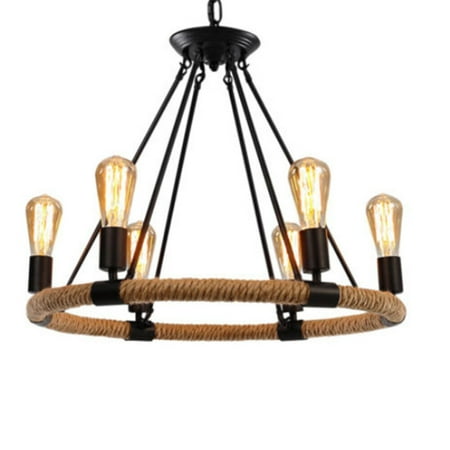 

CNCEST Retro Farmhouse Hemp Rope Chandelier 6 Light Industrial Pendant Lamp Fixtures