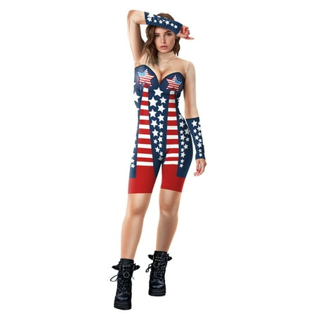 

Womens Jumpsuit Long Sleeved Independence Day Holiday 3D Printing National Flag Splicing Bodysuit Overalls Brown L