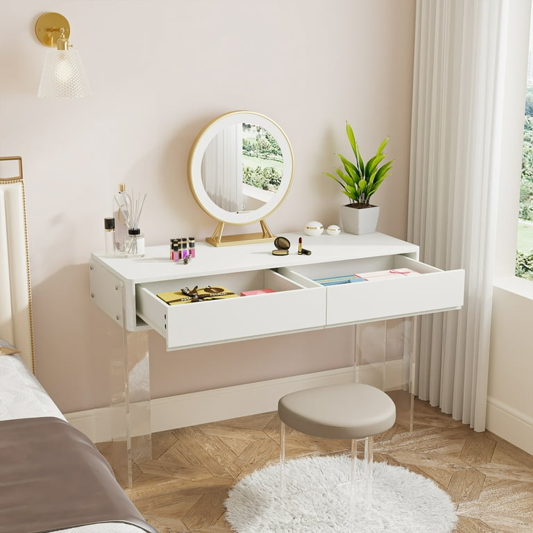 Tribesigns Makeup Vanity Desk with 2 Drawers Modern Computer Desk with Acrylic Legs White High Gloss Vanity Dressing Table without Mirror