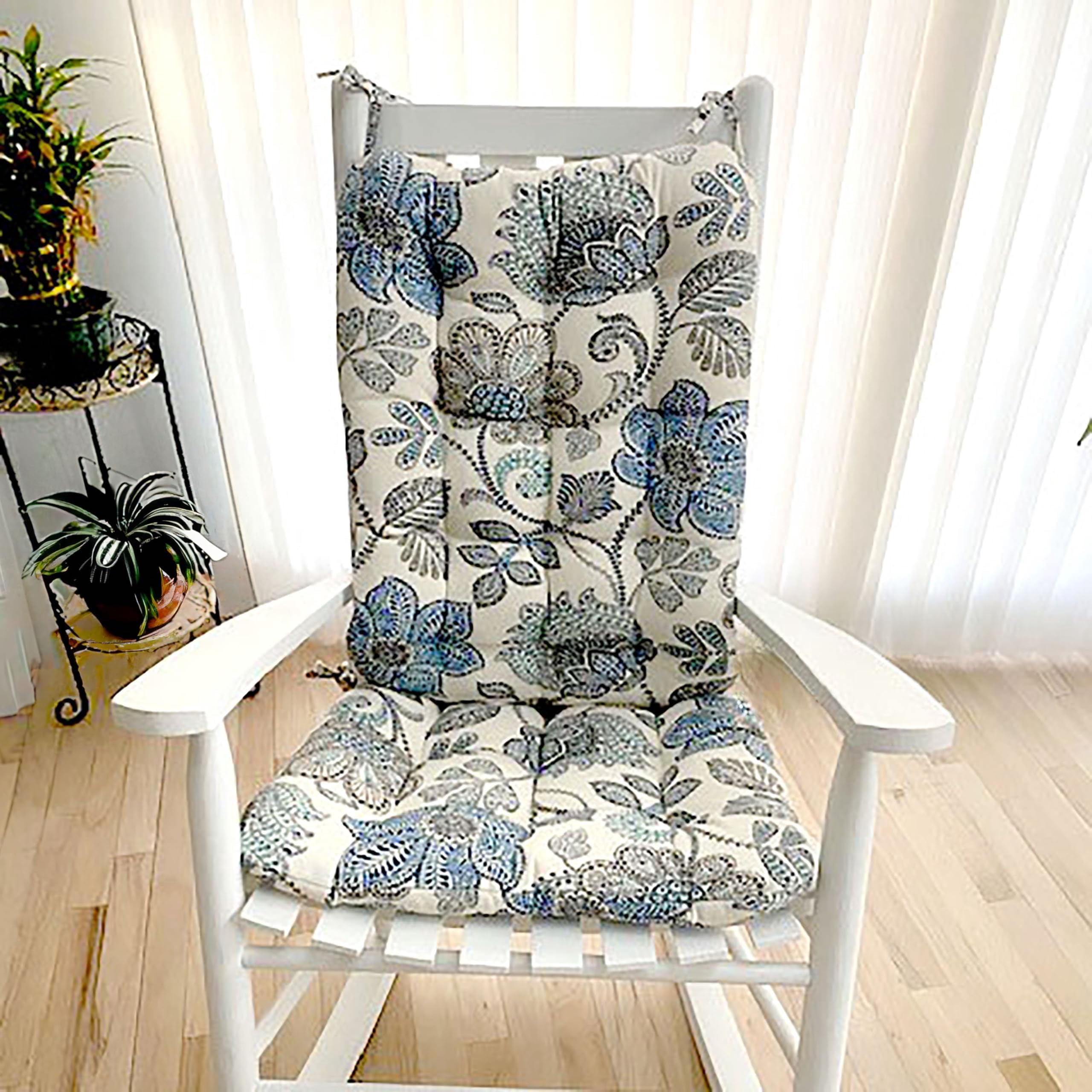 Barnett Home Decor Outdoor Rocking Chair Cushions – Boutique Blue Floral, Extra-Large Set Seat 19x19 & Back 18x23, Fade & Weather Resistant Porch Rocker Cushions