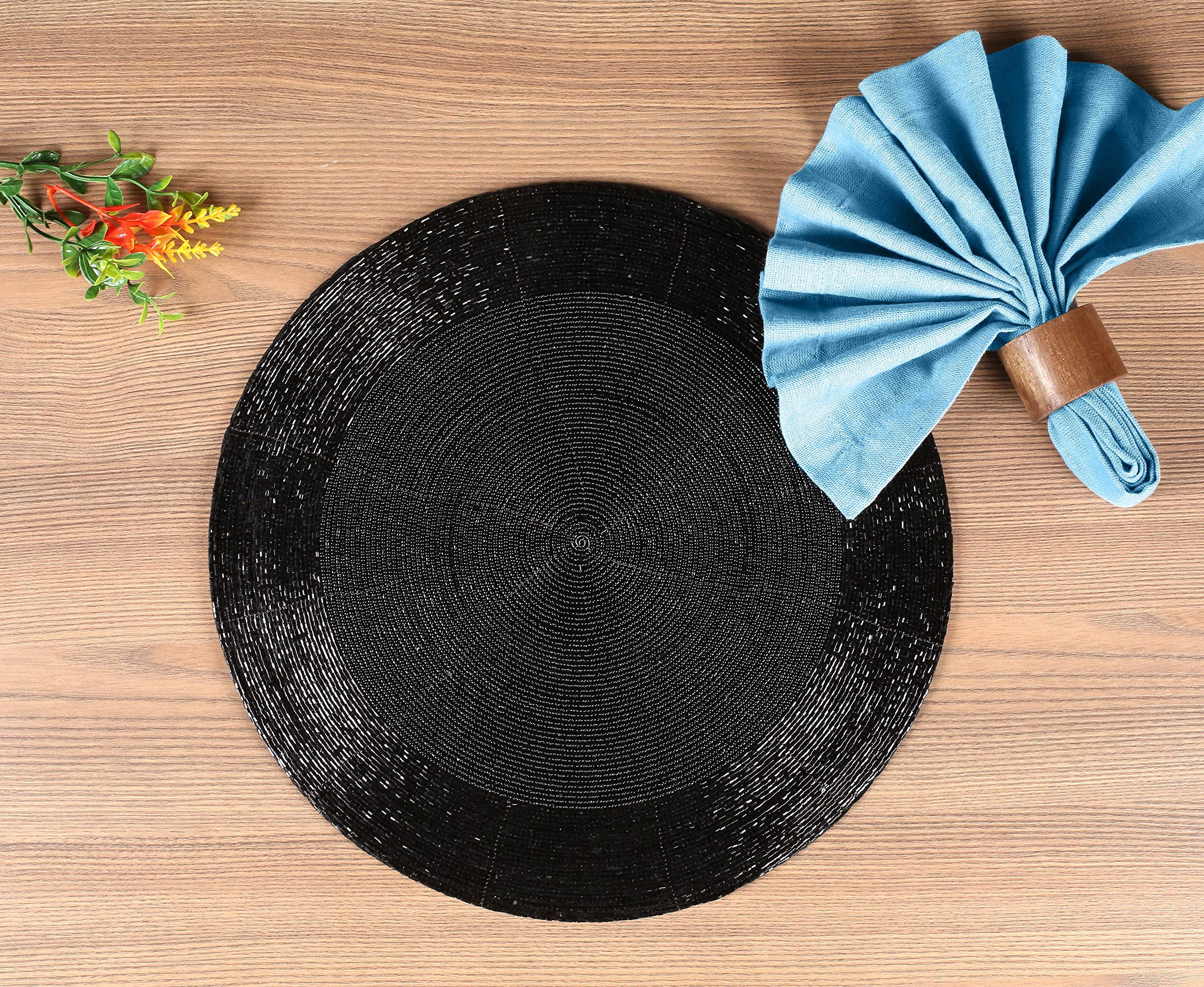 Homebia Designs Round Black Beaded Placemats Set of 4 - Handcrafted Decorative Table Chargers - Elegant Farmhouse Table Mats for Dining, Holiday Dinner, Parties, Wedding & Home Décor - 13 Inch Black