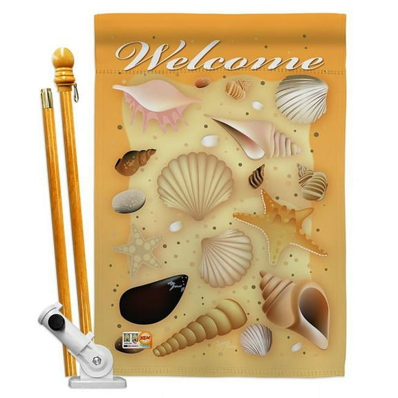 Breeze Decor BD-SU-HS-106059-IP-BO-D-IM10-BD 28 x 40 in. Welcome Shells Summer Fun in the Sun Impressions Decorative Vertical Double Sided House Flag Set with Pole Bracket & Hardware