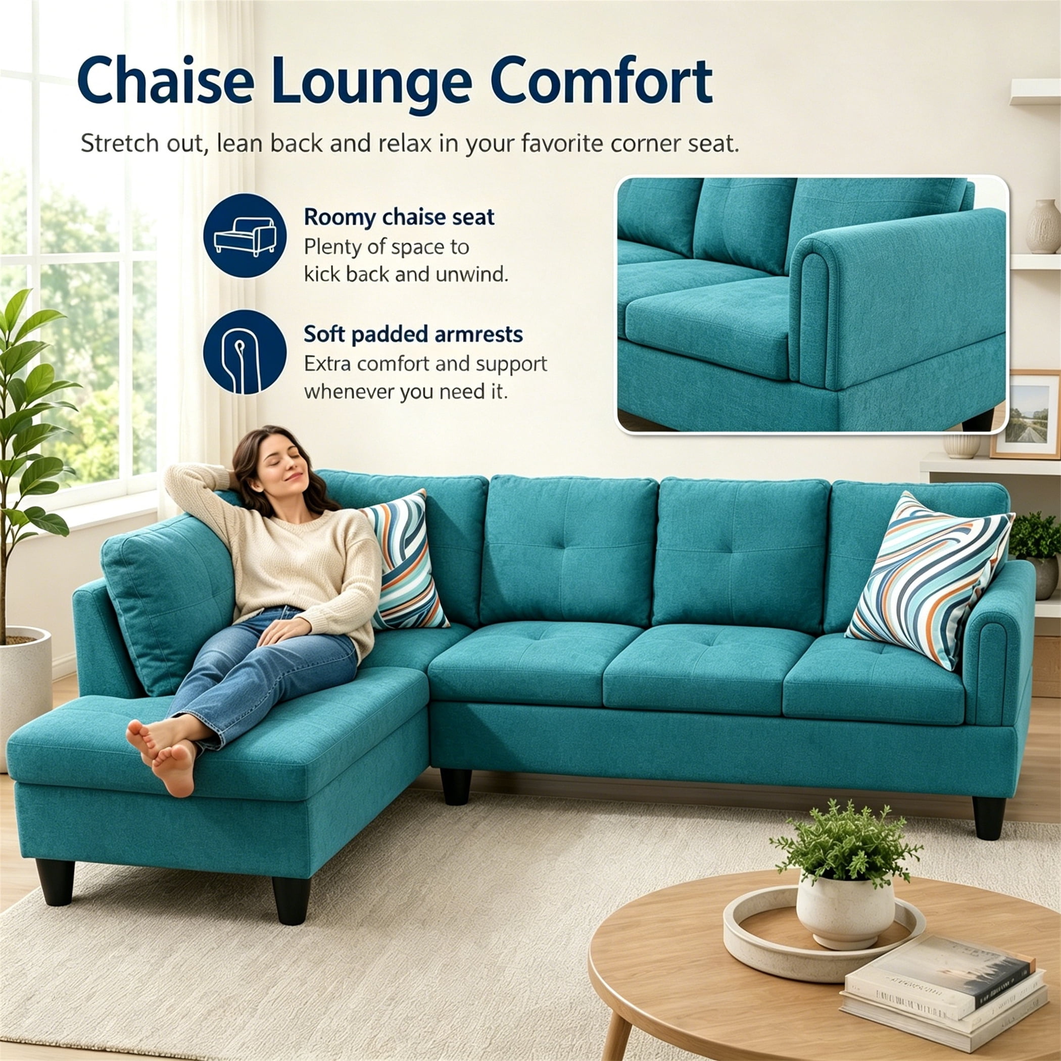 Aukfa 97" Classic Sectional Sofa 4 Seat L shape Couch with Oversized Left Chaise for Living Room, 2Pillows, Linen, Aqua Blue