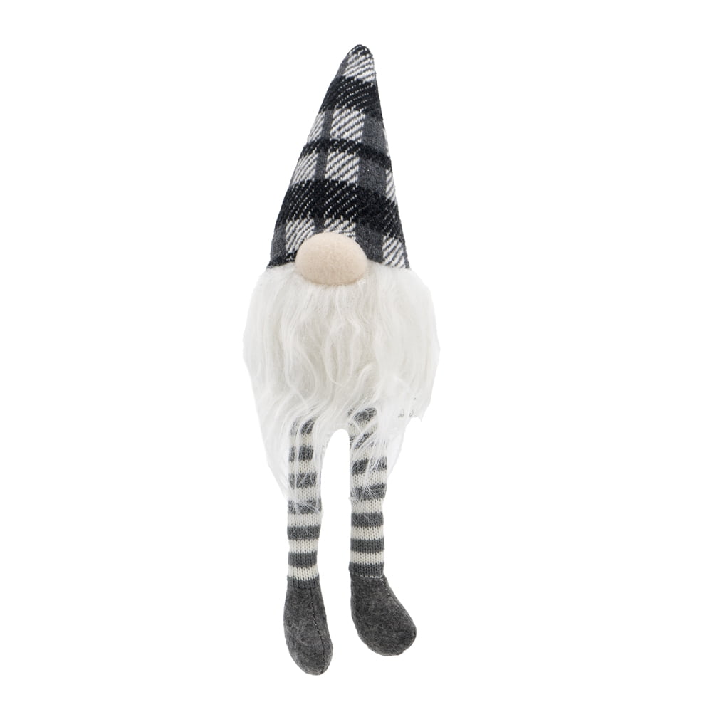Festive Minimalist Gnome Figurine Set White Beard Gray Plaid Hat Long Legs Tabletop Mantel Dining Room Seasonal Vignette Decoration
