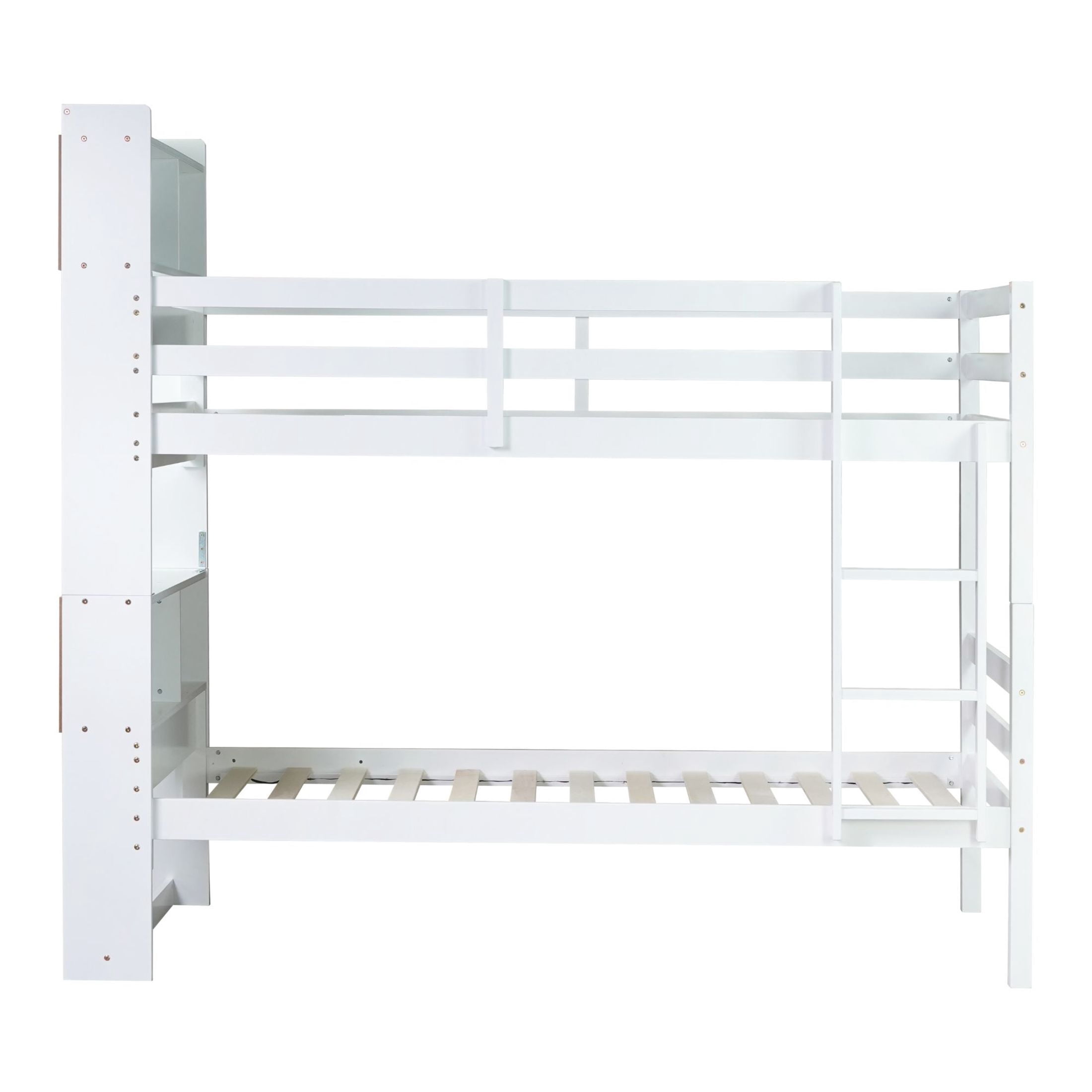 Noble House Twin Over Twin Bunk Bed, Rubber Wood Frame with Shelves Headboard & Detachable Design, White