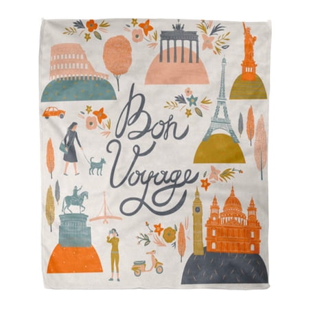 SIDONKU Throw Blanket Warm Cozy Print Flannel Travel Bon Voyage London Vintage Paris Dog Comfortable Soft for Bed Sofa and Couch 50x60 Inches