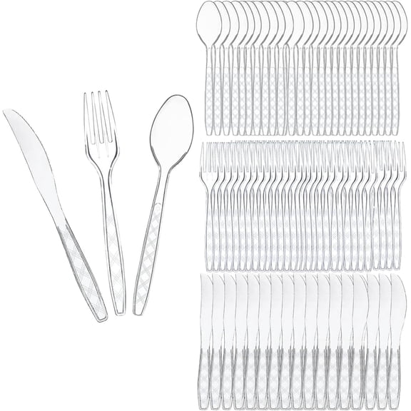300 Plastic Cutlery Set, Transparent Disposable Forks, Spoons, Knives, 100 Pieces Each, Great for Weddings, Parties, Catering