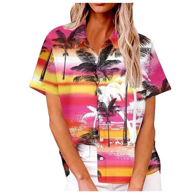 Camisas de Manga Corta para las Mujeres Cuello Redondo Hawaii Impresión Casual Blusa Plisada, Top Flujo