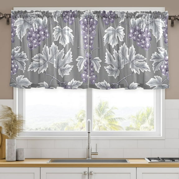 Ryvnso Grape Print on Gray Curtains Sets Short Curtain Rod Pocket Half Window Cafe Farmhouse Tier 2 Panels 57"W x 24"L