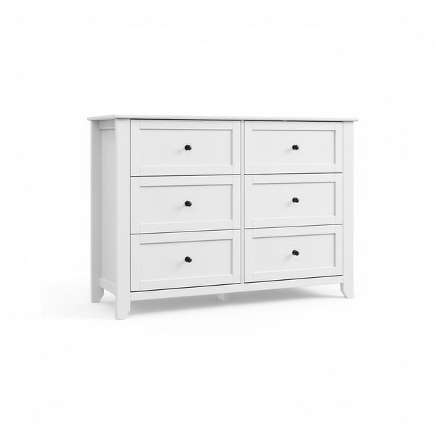 Spacious 6 Drawer Dresser for Bedroom - Modern Wooden Storage Cabinet with Deep Drawers & Metal Knobs - Wide Organizer for Closet, Nursery, Living Room, Entryway - White