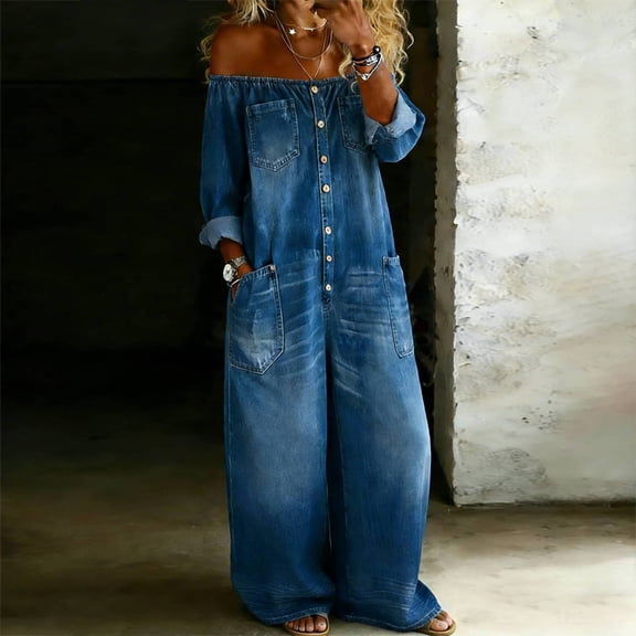 Morttic Women's Solid Color Off-Shoulder Denim-Look Jumpsuit – Long Sleeve Button Front, Wide Leg Pants with Pockets Blue,S