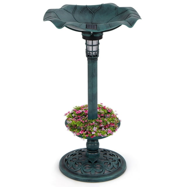 Gymax Solar Bird Bath Standing Pedestal Birdbath & Feeder Combo w/ Lotus Leaf Bowl Bronze