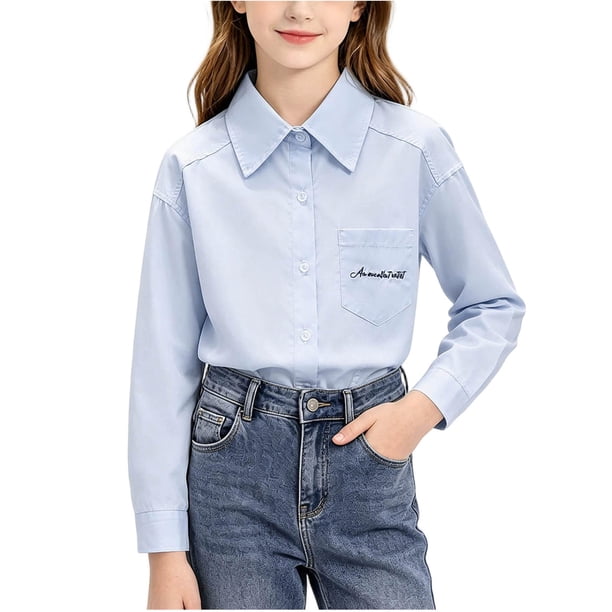 Odeerbi Camisa de Vestido de Algodón Para Niñas Peter Pan Collar Ruffle Camisas de Uniforme Escolar de Manga Larga