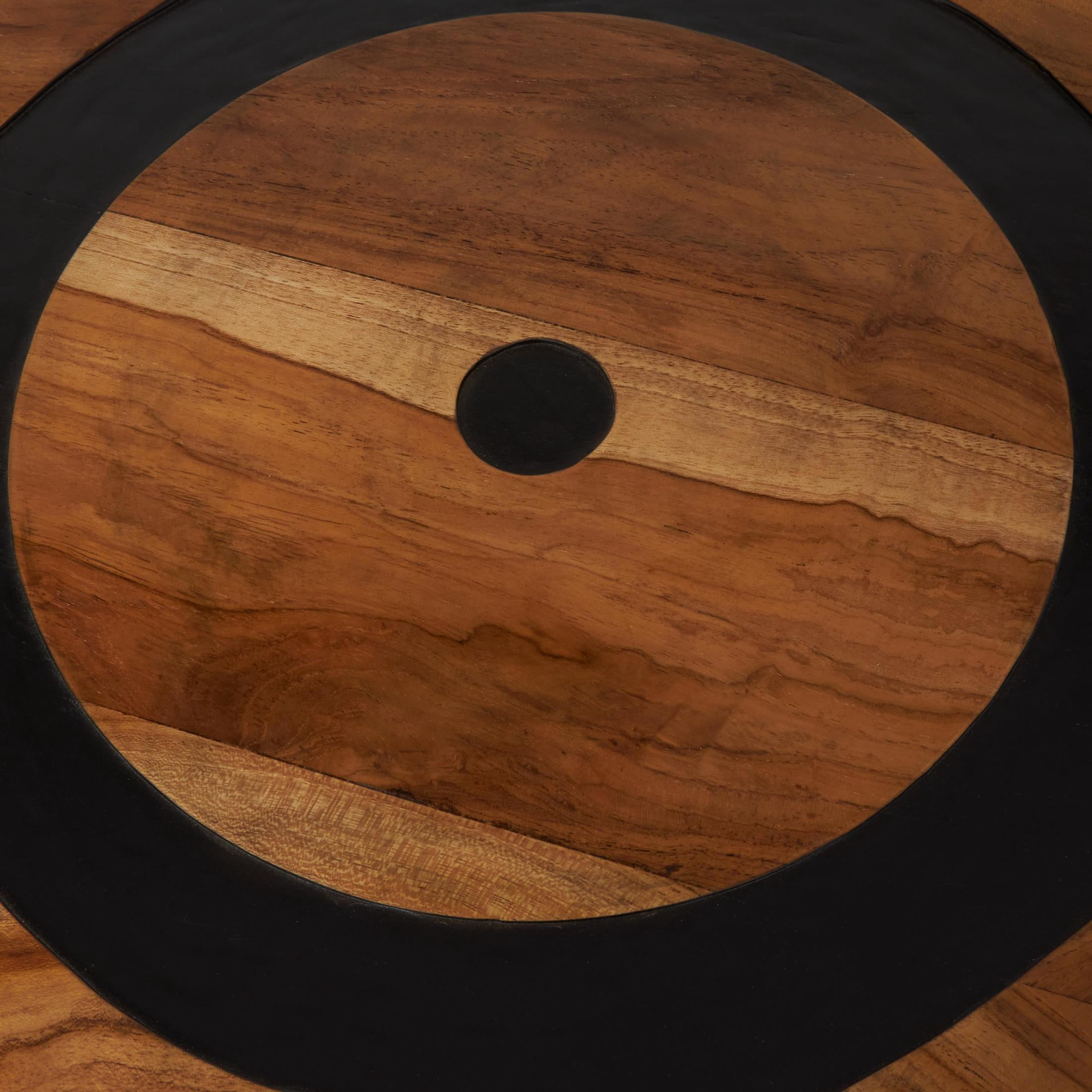 DecMode 20" x 22" Brown Teak Wood Layered Circle Geometric Accent Table with Black Legs, 1-Piece