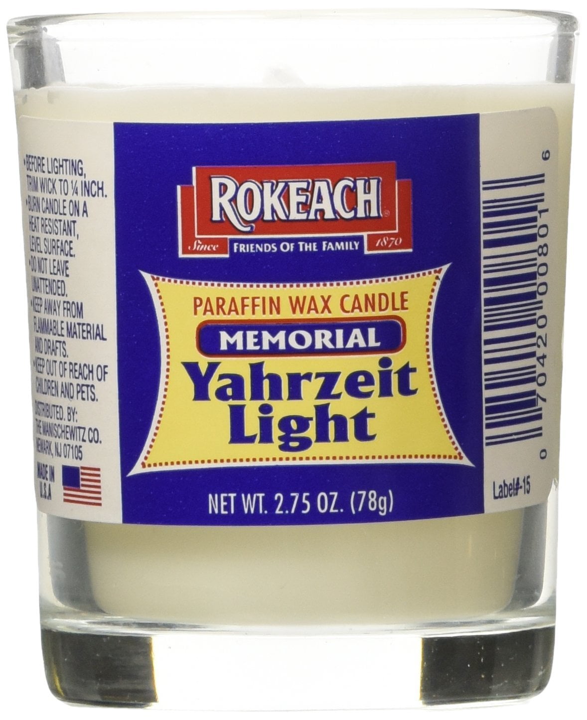 Rokeach Paraffin Wax Candle Case of 24