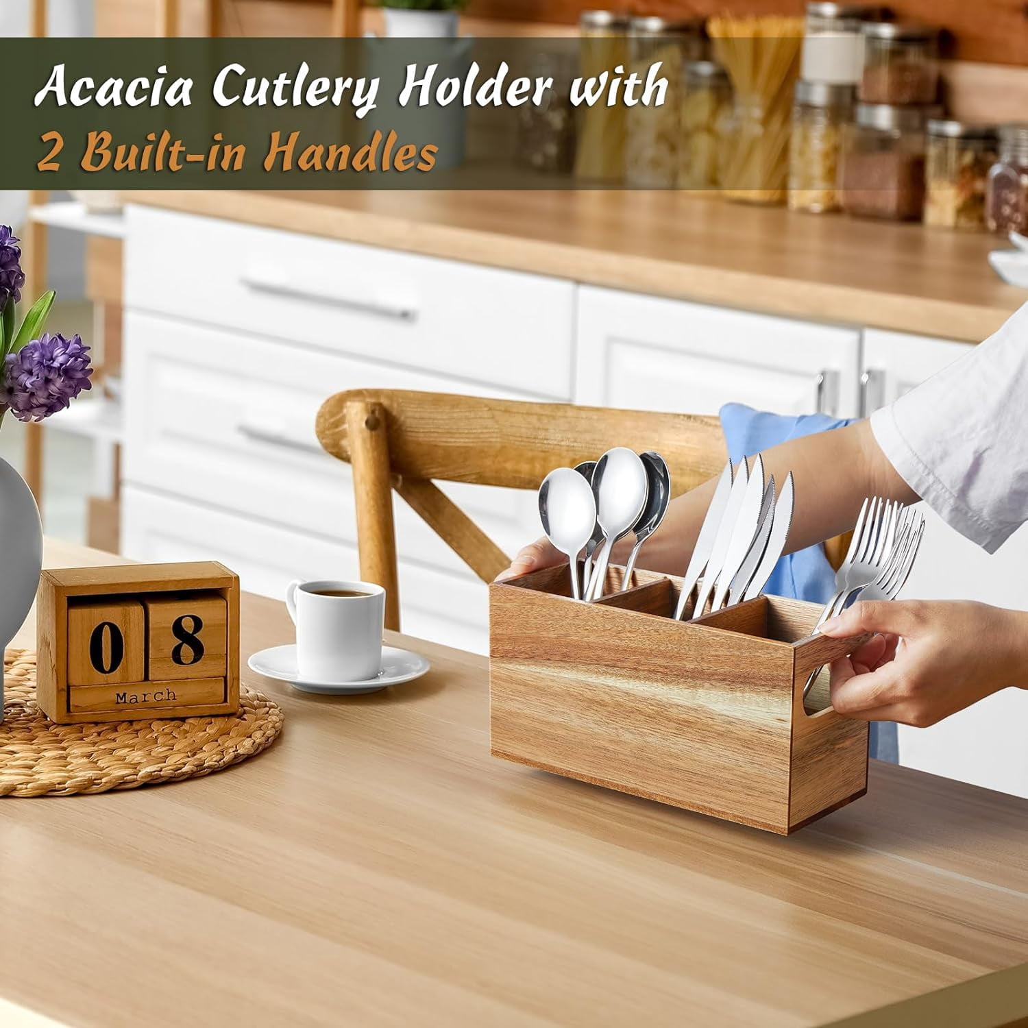 Silverware Holder, Acacia Wooden Utensil Caddy, Countertop, Cutlery Holder for Party, Fork Spoon Knife Organizer