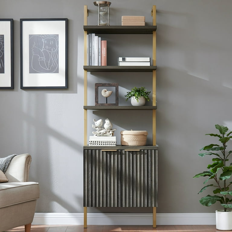 Walsham 5 Tier Ladder Bookshelf – 73" Tall Rattan Style Bookcase With Doors