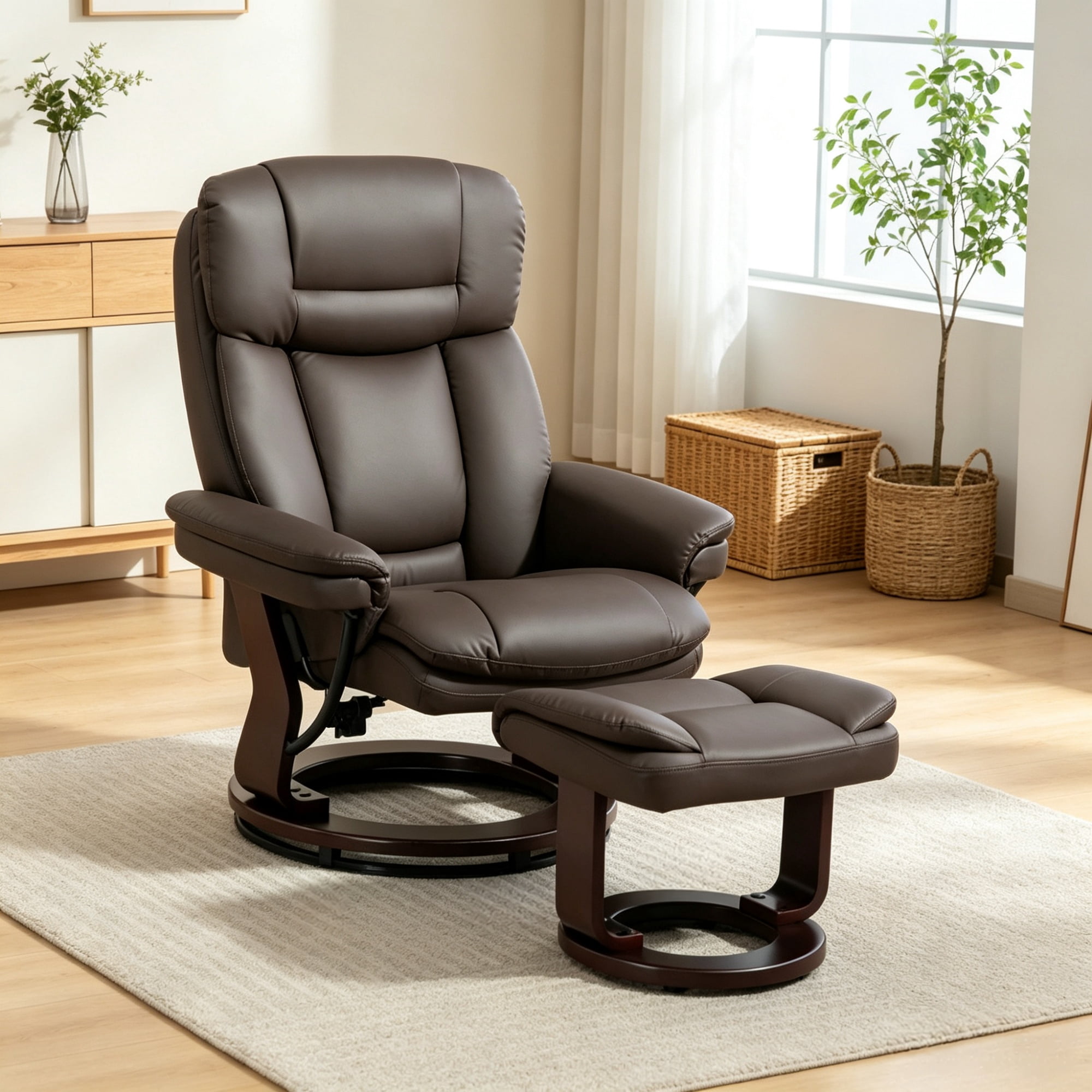 PU Leather Swivel Recliner with Footrest, Dark Brown