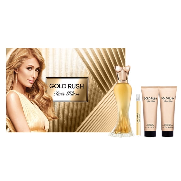 Paris Hilton Gold Rush , 4 Pc Gift Set 3.4oz EDP Spray, 0.34oz EDP Spray, 3oz Body Lotion, 3oz Shower Gel