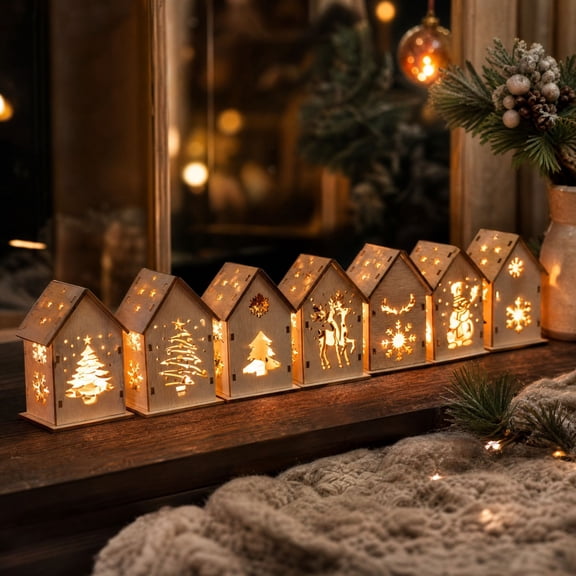 Wooden Christmas House Lighted Rustic Decor, 7 Random Styles Miniature Farmhouse Cottage Lamp for Mantel Shelf Desk Tabletop Centerpiece Holiday Home Office Party Decoration Gift