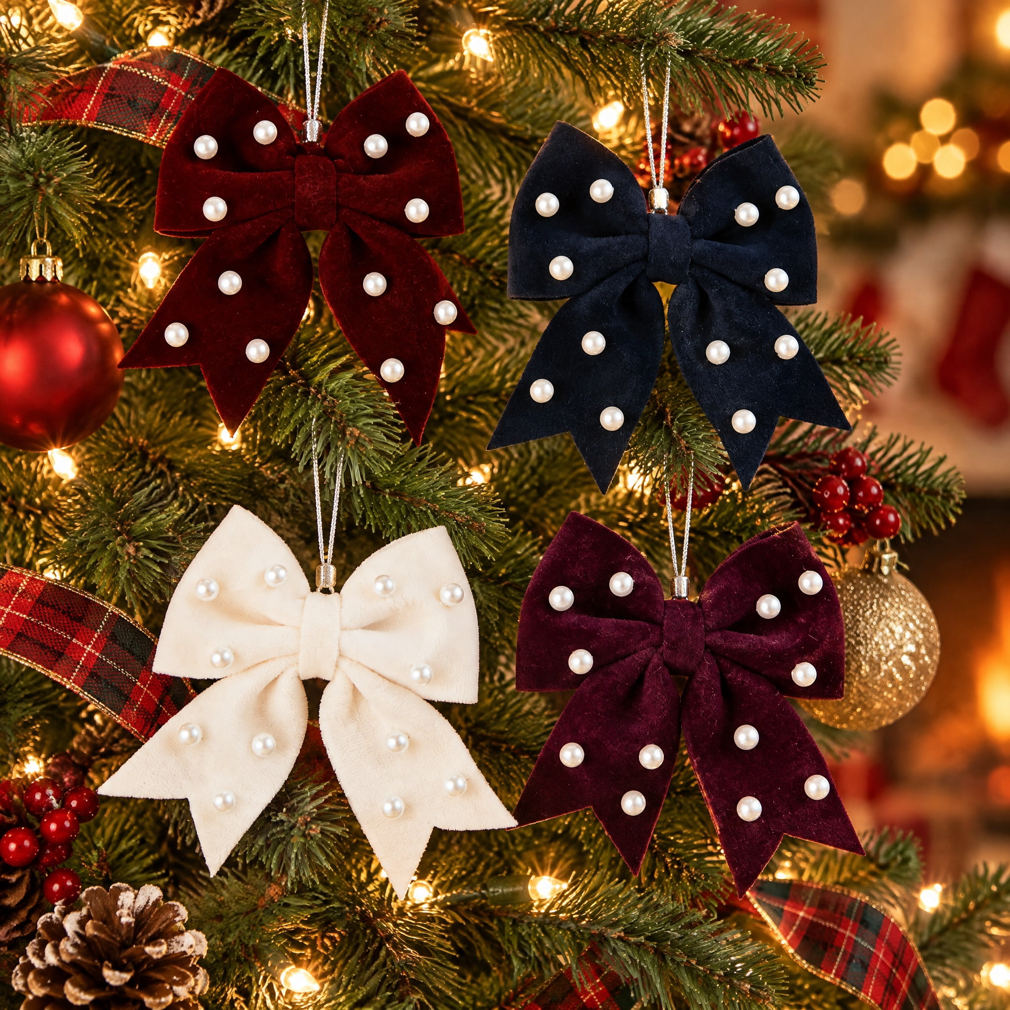 4-Count Red/Blue/White Velvet and Pearl Bow Mini Christmas Ornaments, 2.5", by Holiday Time