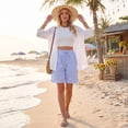 thumbnail image 5 of Vamuko Womens Striped Bermuda Shorts Casual Cotton Linen Shorts Elastic Drawstring Summer Beach Vacation Shorts Pockets Blue L, 5 of 7
