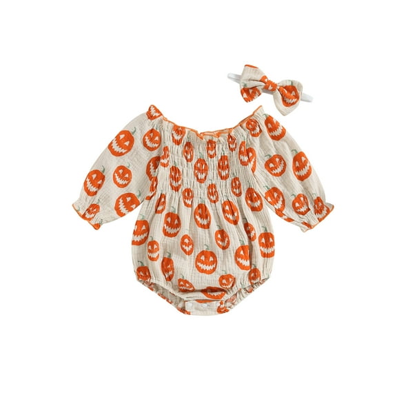Wassery Newborn Baby Girls Halloween Outfit Long Sleeve Off-shoulder Bodysuits Pumpkin Print Romper with Headband 3 6 12 18 24 Months Infant Halloween Clothes Costume 0-24M