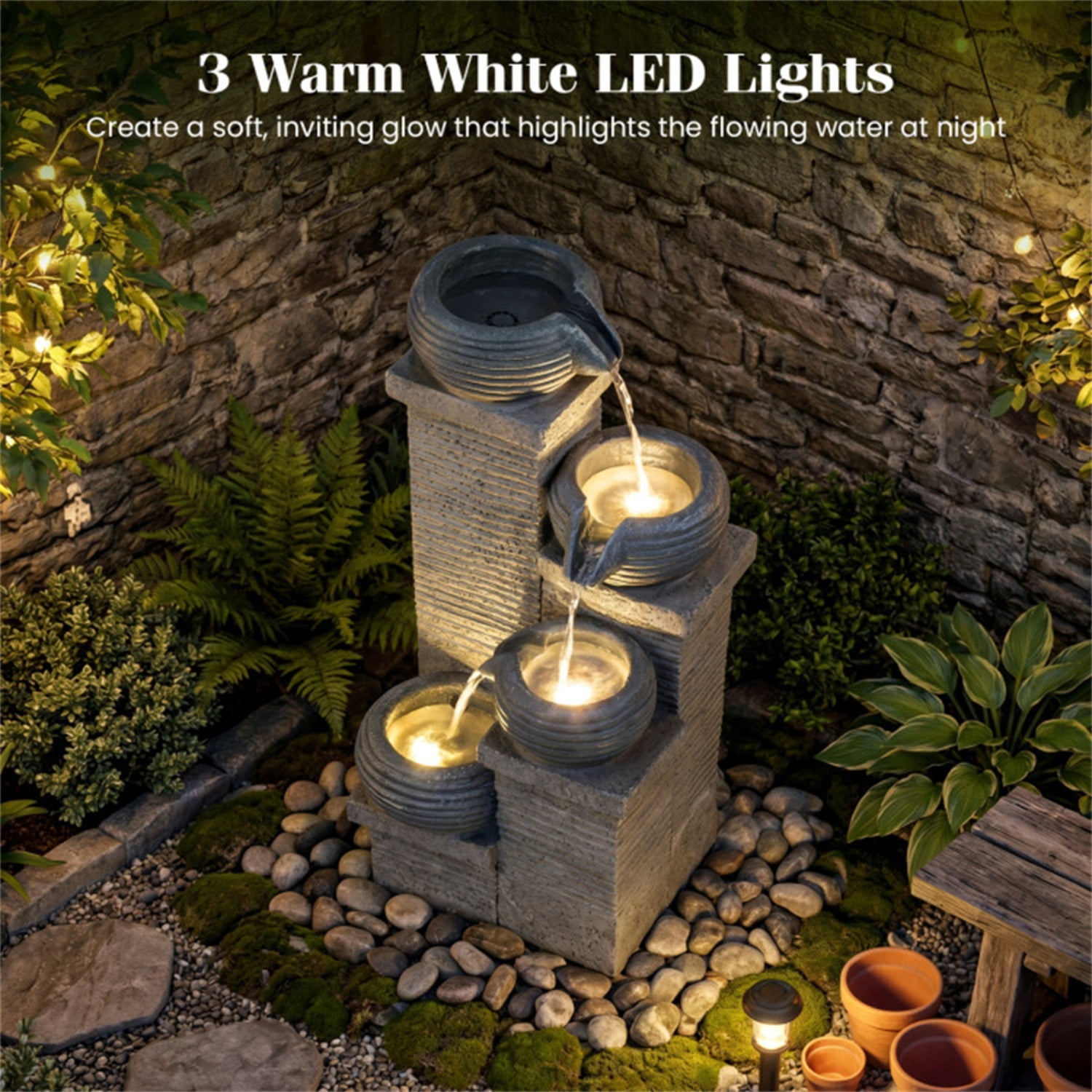 4-Tier Cascading Water Fountain with Warm White LED Lights Resin Indoor Outdoor Water Feature