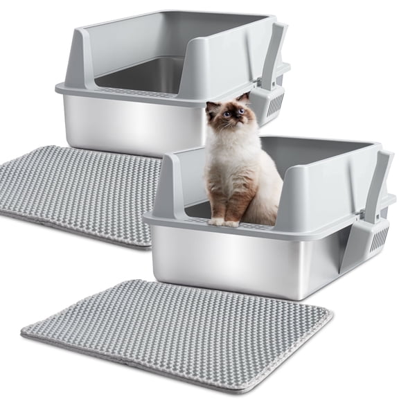 Nyutu Stainless Steel Litter Box with Lid 2 Pack,  Large to XL Metal Cat Litter Box with Scoop and Mat, High Sided Litter Boxes for Big/Multi Cats, Anti-Urine Leakage, Easy Clean and No Smell