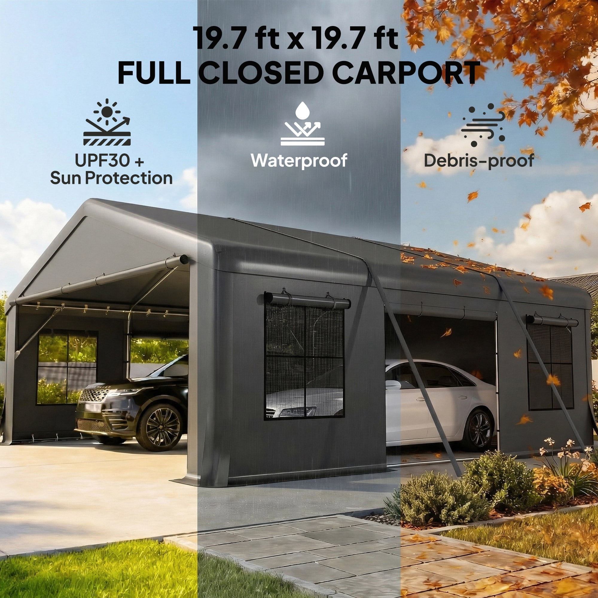 Outsunny 20' x 20' Heavy Duty Carport, Portable Garage Car Canopy Tent with Reinforced Galvanized Frame, 3 Roll-up Doors, 4 Mesh Windows, Dark Gray