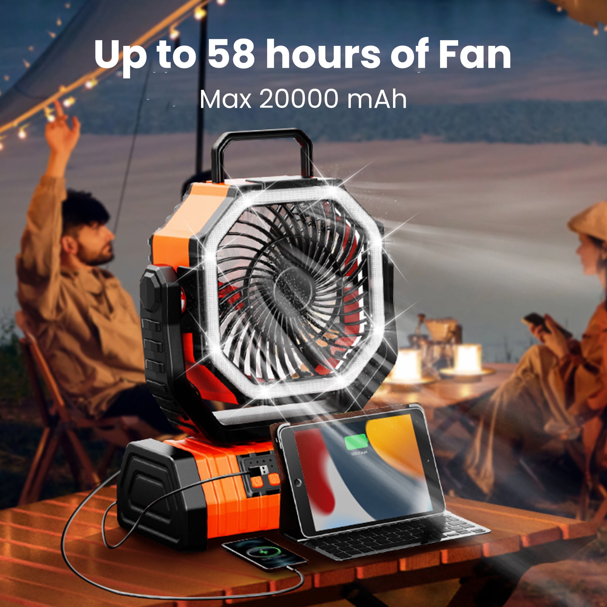 Acpouw Camping Fan with LED Lantern - 9 Inch Tent Fan, 20000mAh (60 Hour) Battery Fan, Self-Oscillating Cordless Fan, Tent Fan with Remote, 4 Speed, 4 Timers for Outdoor Camping
