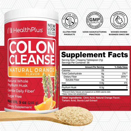 Health Plus Colon Cleanse Digestive Support | No Artificial Flavors | Daily Fiber for Toxin Elimination To Reduce Bloating | Psyllium Husk | Orange Flavor | 9 Ounces, 36 Servings