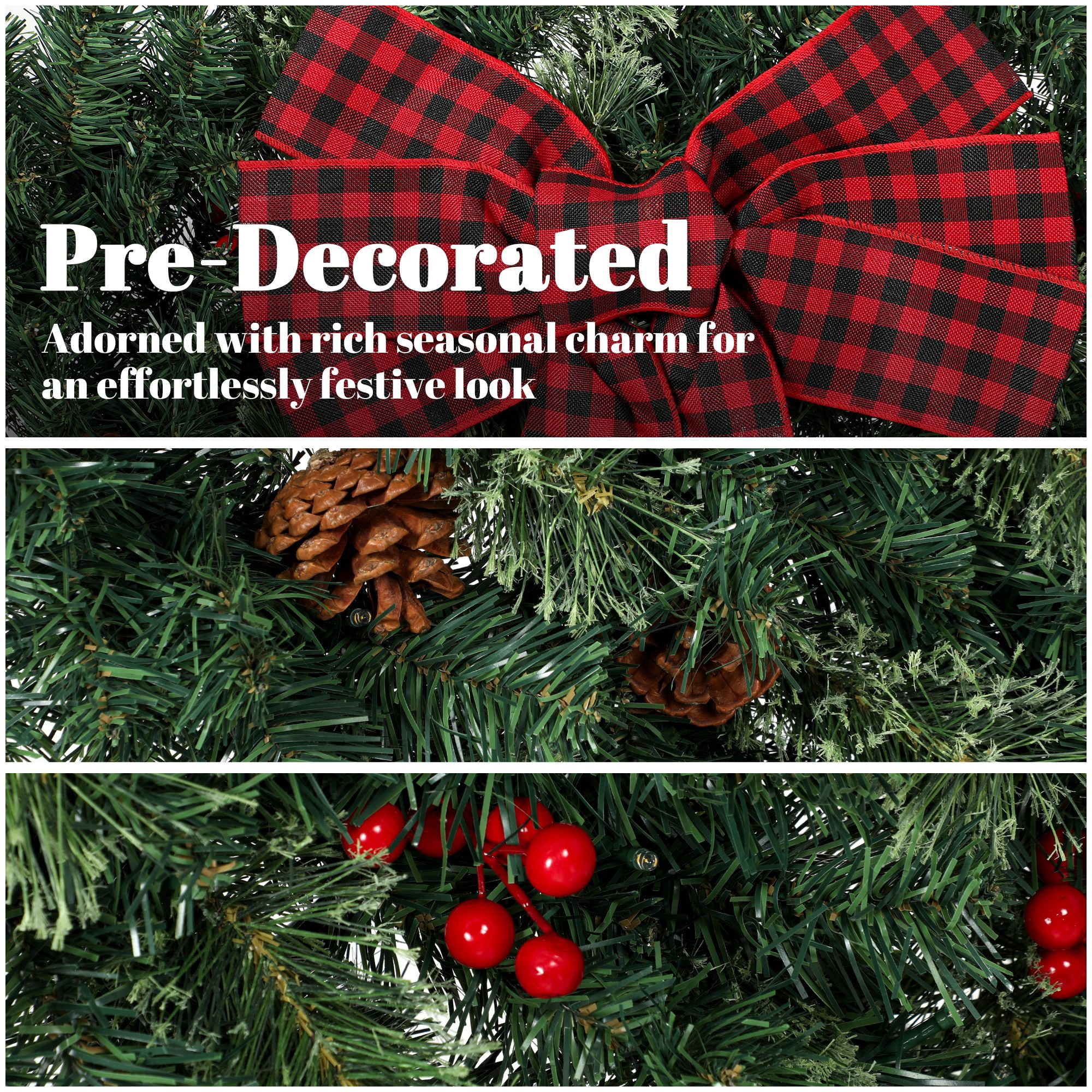 Pre-Lit Artificial Christmas Wreath, 36-Inch Crestwood Spruce with 100 Warm White LED Lights, 8 Modes, Red Berries, Pinecones, Buffalo Plaid Bow, Indoor and Covered Outdoor Use
