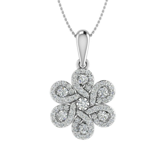 1/2 Carat Diamond Flower Shaped Pendant Necklace in 14K White Gold (Silver Chain Included) Cert (SI1-SI2 Clarity)
